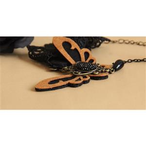 Gothic Black Lace Wristband Orange Butterfly Embellished Bracelet with Ring J18127